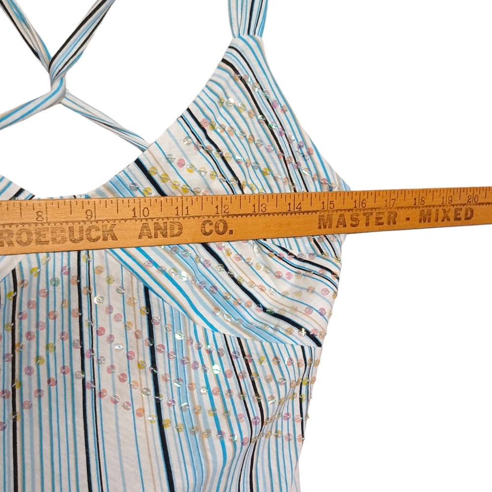 NEW YORK & CO Top Blue Tan Stripe Print Sequin Sleeveless Criss Cross Back NWT - Picture 5 of 7